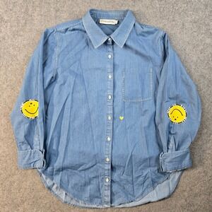 Kerri Rosenthal Chambray Smiley Shirt Womens M Blue Denim Embroidered Button Up